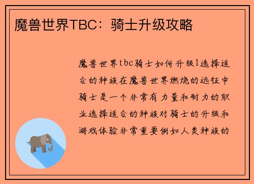 魔兽世界TBC：骑士升级攻略